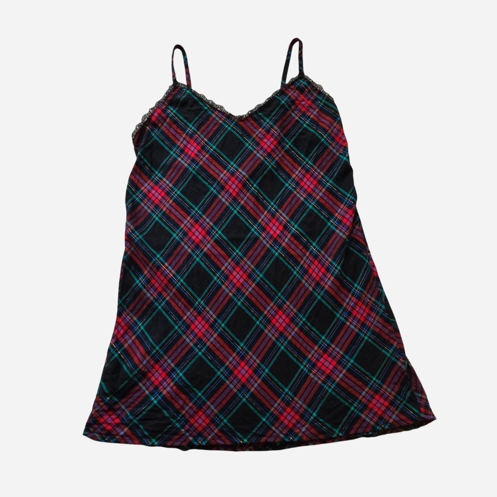 Victoria's Secret black & red plaid cami slip dress with lace trim.